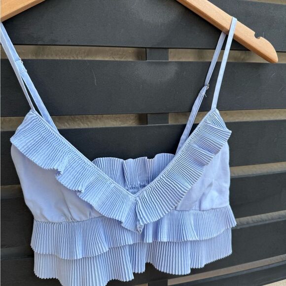 Zara Ruffle Tiered Pleated Cropped Top in Light Blue | XS - Picture 4 of 8